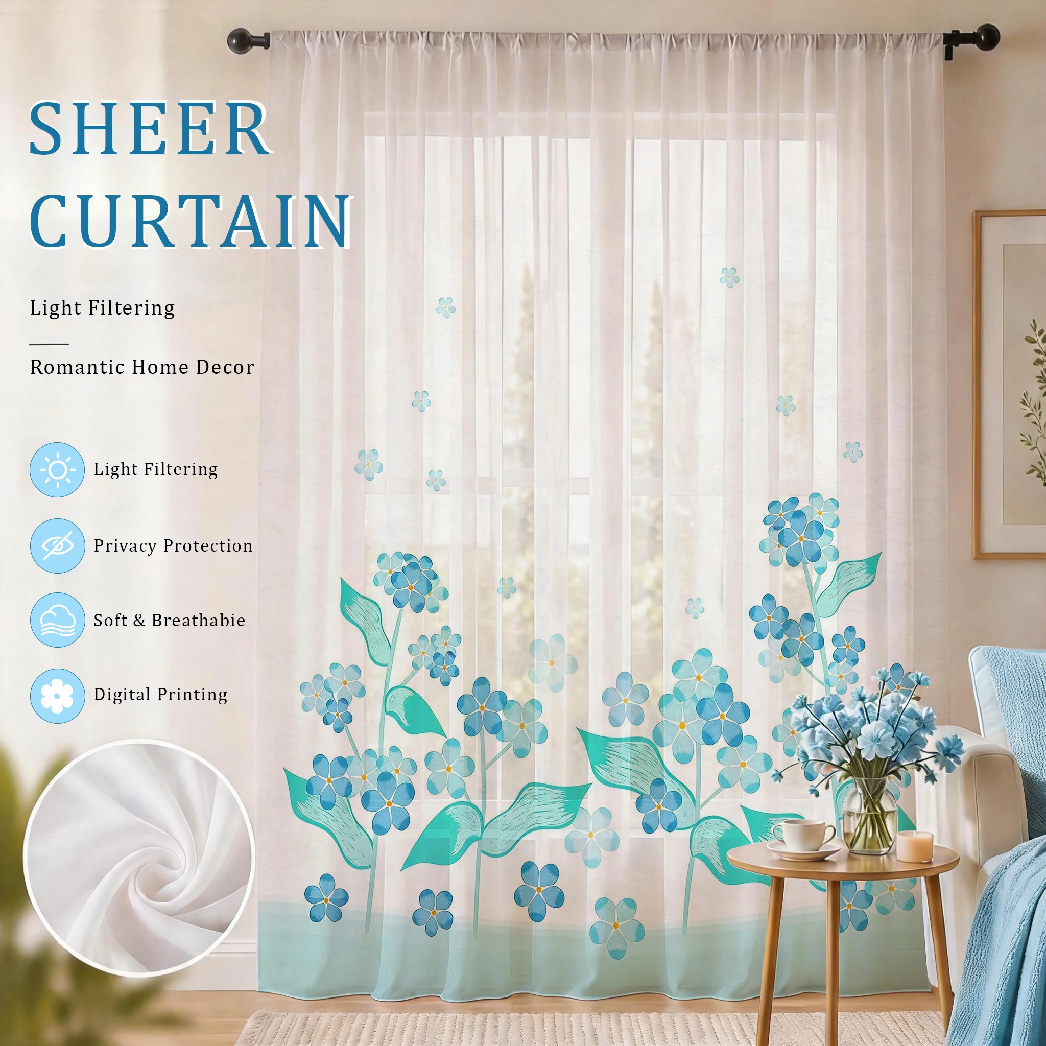 Curtain Sheer Voile - Light blue Modern Gradient Sheer Curtain,